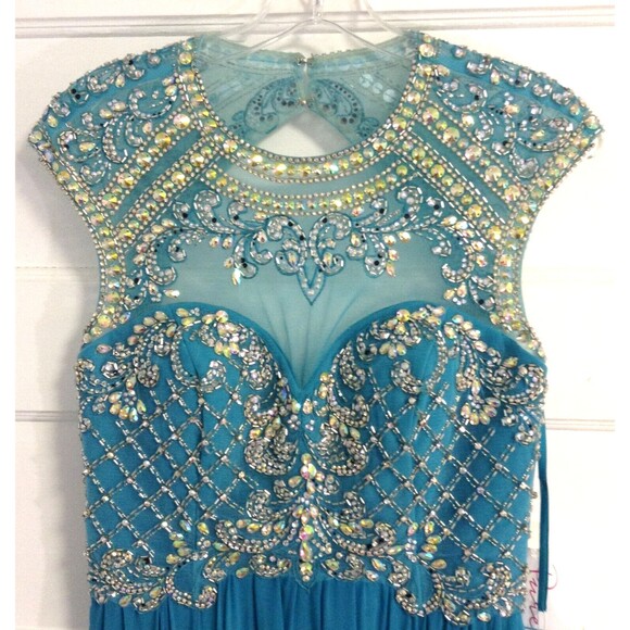 Vtg Ball Gown Dress 8 Turquoise Beaded Sequin Maxi Regency Prom Formal Princess - Picture 4 of 16